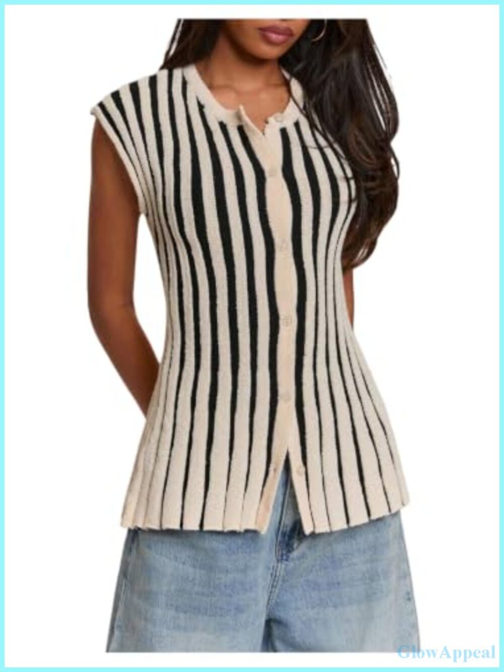 Striped Button Up Cardigan Sweater Cinched Waist Knit Top